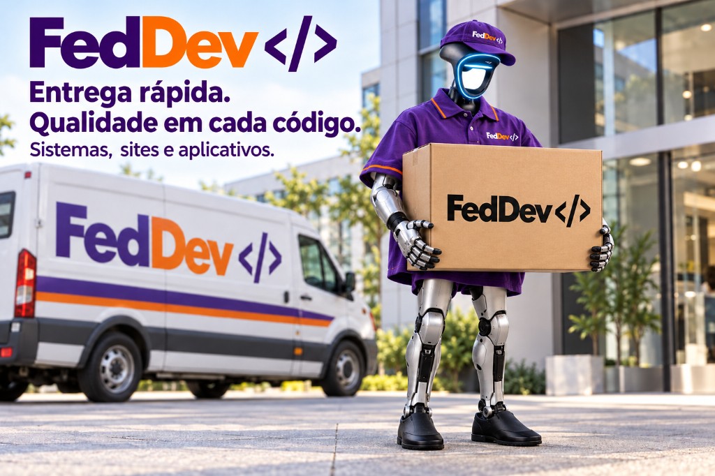 Campanha FedDev: robô entregador de uniforme roxo segura a caixa FedDev ao lado da van. Na peça: Entrega rápida. Qualidade em cada código. Sistemas, sites e aplicativos.